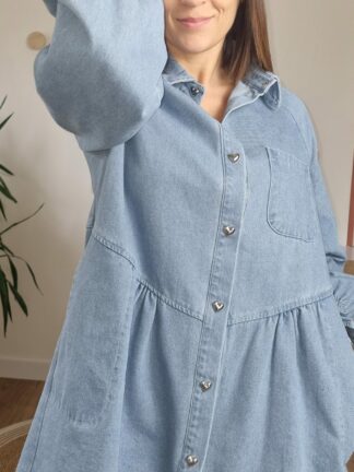 Boutons cœur métalliques robe chemise denim femme